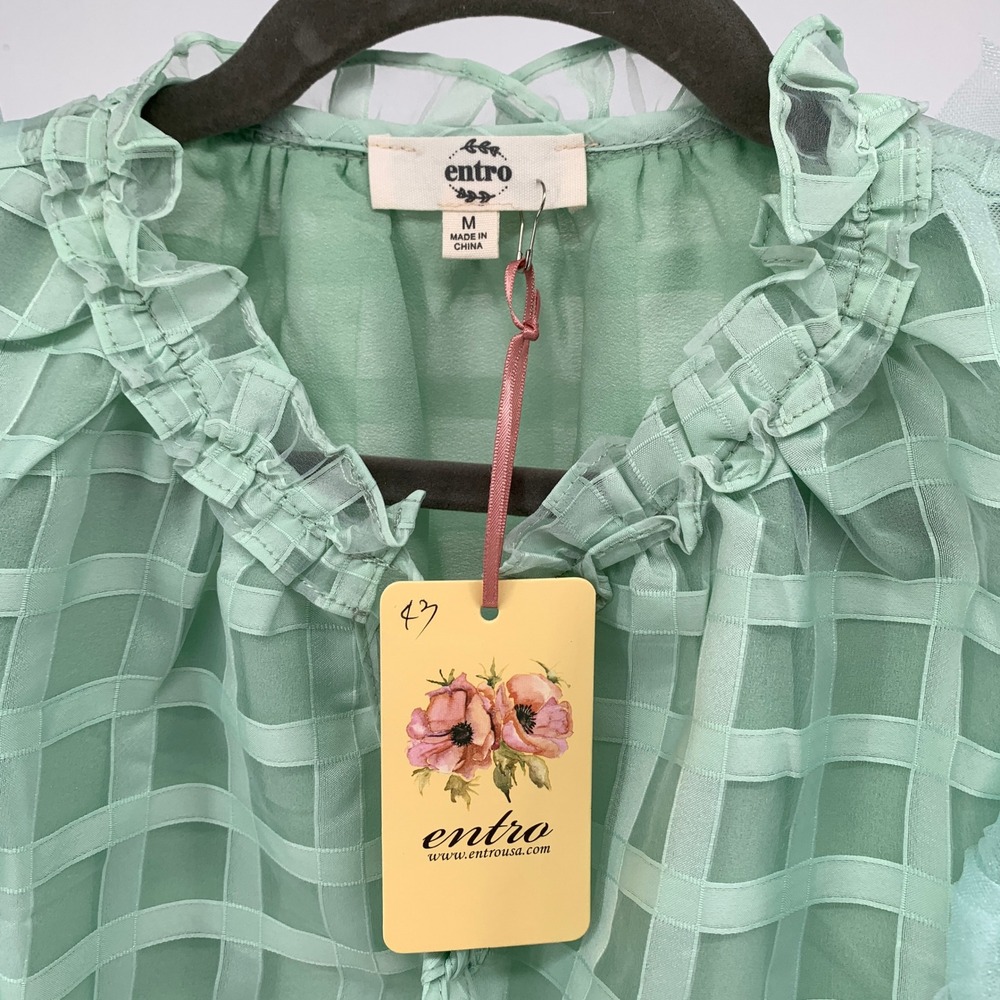 Entro Mint Green Windowpane Check Ruffle Tulle Trim Sleeveless Blouse NWT Medium - Picture 3 of 7